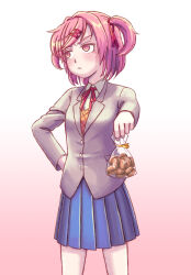 Rule 34 | 1girl, bag, blazer, blue skirt, blue sky, blush, bob cut, breasts, brown sweater vest, commentary, cookie, cowboy shot, doki doki literature club, dress shirt, embarrassed, food, frown, gift bag, gradient background, grey jacket, hair ornament, hair ribbon, hand on own hip, holding, holding bag, holding cookie, holding food, incoming food, incoming gift, jacket, keito nagumo, long sleeves, looking away, natsuki (doki doki literature club), neck ribbon, outstretched arm, pink background, pink eyes, pink hair, pleated skirt, red ribbon, ribbon, school uniform, shirt, short hair, skirt, sky, small breasts, solo, sweater vest, swept bangs, tsundere, two side up, v-shaped eyebrows, white background, white shirt, x hair ornament, yellow ribbon