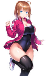 Rule 34 | 1girl, ahoge, black thighhighs, blue eyes, breasts, brown hair, cleavage, collarbone, commentary request, cowboy shot, hair ornament, hairclip, highres, hip focus, jacket, large breasts, original, red jacket, shoes, short hair, simple background, sneakers, solo, standing, standing on one leg, swimsuit, thick thighs, thighhighs, thighs, track jacket, tsukumiya amane, white background, white footwear