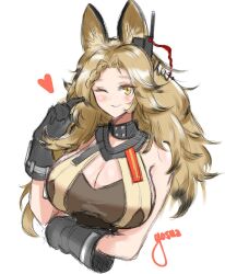 Rule 34 | 1girl, animal ears, arknights, arm under breasts, bare shoulders, black gloves, blonde hair, blush, breasts, brown shirt, cat ears, cleavage, cleavage cutout, clothing cutout, earpiece, gloves, highres, large breasts, long hair, one eye closed, quercus (arknights), shirt, simple background, sleeveless, sleeveless shirt, smile, solo, upper body, white background, yellow eyes, yosua 0669