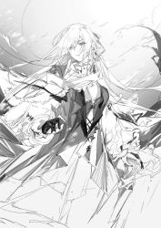 Rule 34 | 1girl, a9712mob, arknights, ascot, dress, frilled sleeves, frills, gladiia (arknights), gladiia (return) (arknights), gloves, greyscale, highres, long hair, long sleeves, looking to the side, monochrome, official alternate costume, partially fingerless gloves, pointy ears, sketch, solo, vest