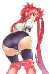 Rule 34 | 1girl, alternate costume, aq interactive, arcana heart, arcana heart 3, ass, atlus, black thighhighs, buruma, clothes pull, examu, from behind, gym uniform, leaning forward, long hair, looking back, mixed media, nakamura yukitoshi, nib pen (medium), pants, pants pull, parted lips, pink eyes, pink hair, red hair, scharlachrot, shirt pull, shirt tug, simple background, solo, thighhighs, traditional media, trefoil, twintails, very long hair, white background