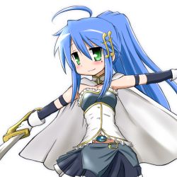 Rule 34 | 1girl, ahoge, alternate hairstyle, bad id, bad pixiv id, blue hair, blush, cape, cosplay, fortissimo, gloves, green eyes, hair ornament, hairclip, izumi konata, long hair, lucky star, magical girl, mahou shoujo madoka magica, mahou shoujo madoka magica (anime), mahou shoujo madoka magica movie 1 &amp; 2, miki sayaka, miki sayaka (cosplay), mizushima (p201112), mole, mole under eye, musical note, musical note hair ornament, ponytail, simple background, smile, solo, sword, weapon, white background, white gloves