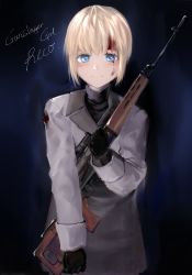 Rule 34 | 1girl, 73suke, absurdres, black gloves, blonde hair, blood, blood on face, blue eyes, character name, closed mouth, coat, commentary, copyright name, gloves, grey coat, gun, gunslinger girl, highres, holding, holding gun, holding weapon, long sleeves, looking at viewer, rico (gunslinger girl), rifle, short hair, smile, sniper rifle, solo, weapon