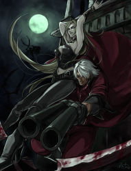 Rule 34 | 1boy, 1girl, armpits, arms up, belt, belt buckle, black collar, black gloves, black legwear, blonde hair, blood, bloody weapon, blue eyes, boots, buckle, carrying over shoulder, collar, crack, cracked wall, dante (devil may cry), devil may cry (series), devil may cry 1, floating, gloves, gun, hand on own hip, high heels, highres, holding, holding person, holding gun, holding weapon, long hair, monster, moon, moonlight, nama29 m, navel, parted lips, scissors, short hair, shotgun, signature, silhouette, skin tight, trish (devil may cry), weapon, white hair