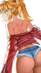 Rule 34 | 1girl, ass, blonde hair, braid, denim, denim shorts, fate/grand order, fate (series), french braid, from behind, highres, jacket, mordred (fate), mordred (fate/apocrypha), ponytail, shinsaku (stan-art), shorts, solo, white background
