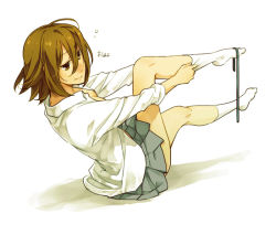 Rule 34 | 1girl, alternate hairstyle, breasts, brown eyes, brown hair, cleavage, dressing, gime, hair down, k-on!, legs, no bra, open clothes, open shirt, school uniform, shirt, short hair, sleepy, small breasts, smile, socks, solo, tainaka ritsu