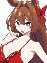 Rule 34 | 1girl, animal ears, bikini, bow, breasts, brown hair, cleavage, daiwa scarlet (trifle vacation) (umamusume), daiwa scarlet (umamusume), fang, hair between eyes, hair bow, hair intakes, horse ears, horse girl, large breasts, long hair, looking at viewer, mzh, open mouth, red bikini, red bow, red eyes, simple background, solo, swimsuit, umamusume, upper body, very long hair, white background