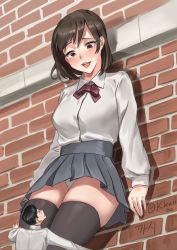 Rule 34 | 1boy, 1girl, against wall, artist name, black hair, blush, bow, bowtie, breasts, brick wall, brown eyes, brown hair, brown thighhighs, dress shirt, eye contact, giant, giantess, height difference, highres, kabedon, kkasi00, korean commentary, leaning back, legs together, looking at another, looking down, looking up, medium breasts, microskirt, original, panties, pantyshot, pleated skirt, red bow, red ribbon, ribbon, running bond, school uniform, shirt, short hair, size difference, skindentation, skirt, tall female, thighhighs, thighs, underwear, white panties, white shirt