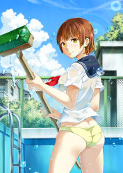Rule 34 | 1girl, ass, bikini, bikini bottom only, bikini under clothes, broom, brown hair, bush, chain-link fence, cloud, cowboy shot, day, empty pool, fence, green eyes, hair ornament, hairclip, highres, lens flare, light rays, looking back, no pants, original, outdoors, plant, pool, pool ladder, satou oden, school uniform, serafuku, short hair, sky, smile, solo, standing, sunlight, swimsuit, water, water drop, wet, wet clothes