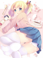 Rule 34 | 10s, 1girl, :o, alice cartelet, all fours, ass, blonde hair, blue eyes, blush, cup, from behind, hair ornament, hair stick, kin-iro mosaic, kokeshi, komone ushio, long hair, looking at viewer, looking back, open mouth, panties, saucer, school uniform, skirt, solo, spoon, thighhighs, twintails, underwear, white panties, white thighhighs