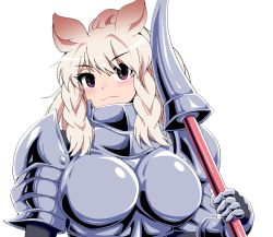 Rule 34 | 1girl, animal ears, armor, black eyes, blonde hair, blush, boobplate, breastplate, breasts, closed mouth, highres, holding, holding polearm, holding weapon, kemono friends, large breasts, long hair, looking at viewer, mamiyama, polearm, rhinoceros ears, rhinoceros girl, smile, solo, upper body, weapon, white rhinoceros (kemono friends)
