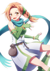 Rule 34 | 1girl, :d, airborne, bare shoulders, belt, belt buckle, blue scarf, blush, boots, bracelet, braid, braided ponytail, brown belt, brown footwear, buckle, cath (fire emblem), commentary, dress, elbow gloves, feet out of frame, fingerless gloves, fire emblem, gloves, green dress, green gloves, hand up, highres, jewelry, leg warmers, long hair, looking at viewer, minamonochaba, nintendo, open hands, open mouth, orange hair, parted bangs, pouch, scarf, simple background, single braid, sleeveless, sleeveless dress, smile, solo, two-tone dress, v-shaped eyebrows, white background, white dress, yellow bracelet, yellow eyes