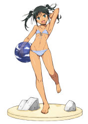 Rule 34 | 1girl, aqua eyes, armpits, ball, barefoot, bikini, black hair, choker, fang, faux figurine, figure stage, flat chest, francesca lucchini, front-tie top, full body, head tilt, komusou (jinrikisha), legs up, navel, open mouth, rock, simple background, solo, standing, standing on one leg, strike witches, striped bikini, striped clothes, swimsuit, twintails, world witches series