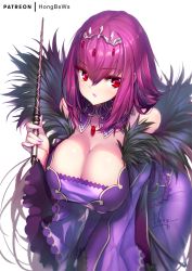 Rule 34 | 1girl, blush, breasts, cleavage, commentary request, dress, fate/grand order, fate (series), feather trim, hair between eyes, hand up, headpiece, holding, holding wand, hong (white spider), large breasts, leaning forward, long sleeves, looking at viewer, parted lips, purple dress, purple hair, red eyes, scathach (fate), scathach skadi (fate), signature, simple background, solo, wand, white background, wide sleeves