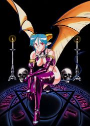 Rule 34 | 00s, 1girl, aqua hair, candlelight, candlestand, carrera, demon girl, demon tail, demon wings, elbow gloves, expressionless, gloves, highres, horns, magic circle, no pupils, official art, pointy ears, red eyes, skull, solo, squatting, demon girl, tail, viper, viper gts, wings