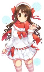 Rule 34 | 1girl, :o, absurdres, arm at side, blush, bow, bowtie, breath, brown eyes, brown hair, hair bow, hand up, hat, highres, idolmaster, idolmaster cinderella girls, long sleeves, miniskirt, paopao, parted lips, pleated skirt, red bow, red bowtie, red scarf, sailor collar, sailor hat, scarf, school uniform, serafuku, shimamura uzuki, shirt, skirt, sleeve cuffs, solo, striped clothes, striped thighhighs, tareme, thighhighs, twitter username, wavy hair, white background, white hat, white sailor collar, white shirt, white skirt