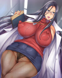Rule 34 | 1girl, ass, black hair, blue eyes, breasts, covered erect nipples, doctor, earrings, glasses, highres, huge ass, huge breasts, jewelry, lab coat, legs together, lingerie, lipstick, long hair, makeup, mature female, momofuki rio, nipple erection, nipples, pantyhose, skirt, smile, solo, sweater, underwear, upskirt