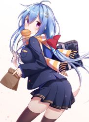 Rule 34 | 1girl, ahoge, bag, black jacket, black skirt, blazer, blue hair, blue shirt, bow, brown thighhighs, camouflage, food in mouth, fringe trim, from behind, hair between eyes, hair bow, hair ornament, hairclip, highres, holding, holding bag, jacket, long hair, looking at viewer, looking back, mouth hold, open clothes, open jacket, original, paper bag, pleated skirt, purple eyes, red bow, scarf, school bag, school uniform, shirt, simple background, skirt, solo, striped clothes, striped scarf, surume aburi, thighhighs, very long hair, white background