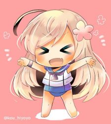 Rule 34 | &gt; &lt;, 10s, 1girl, :d, > <, blonde hair, chibi, covered navel, crop top, closed eyes, fang, flower, full body, hair flower, hair ornament, kantai collection, kou hiyoyo, one-piece swimsuit, one-piece tan, open mouth, ro-500 (kancolle), sailor collar, school swimsuit, smile, solo, standing, swimsuit, swimsuit under clothes, tan, tanline, twitter username, wristband, xd