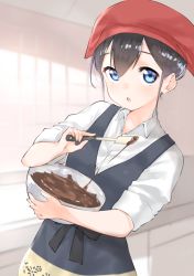Rule 34 | 1girl, :o, apron, black hair, blue apron, blue eyes, blurry, blurry background, bowl, chocolate, collared shirt, commentary request, depth of field, dress shirt, fingernails, hair between eyes, head scarf, highres, holding, holding bowl, indoors, looking at viewer, mixing bowl, original, parted lips, shirt, short sleeves, solo, spatula, suzunari shizuku, white shirt, yuki arare