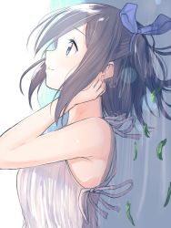 Rule 34 | 1girl, armpit peek, bad id, bad twitter id, bare arms, black hair, blue eyes, blue ribbon, breasts, closed mouth, collarbone, dress, from side, grey dress, hair ribbon, hand up, leaf, lens flare, looking to the side, looking up, nape, original, profile, ribbon, short hair, side ponytail, smile, solo, sunlight, suzunari shizuku, upper body, yuki arare