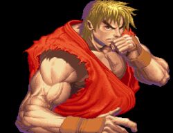 Rule 34 | 1boy, animated, animated gif, blonde hair, dougi, fighting stance, furrowed brow, karate gi, ken masters, lowres, muscular, muscular male, parody, serious, simple background, solo, street fighter, street fighter ii (series), thick eyebrows, third-party edit