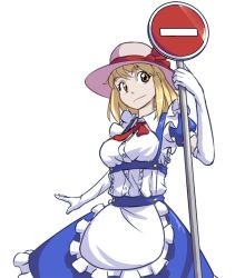 Rule 34 | 1girl, adapted costume, apron, blonde hair, blue dress, breasts, center frills, collared shirt, cowboy shot, david hrusa, dress, elbow gloves, frilled apron, frilled dress, frills, gloves, hat, hat ribbon, holding, holding sign, kana anaberal, medium breasts, puffy short sleeves, puffy sleeves, red ribbon, ribbon, road sign, shirt, short hair, short sleeves, sign, simple background, solo, sun hat, touhou, touhou (pc-98), waist apron, white apron, white background, white gloves, white hat, white shirt, yellow eyes