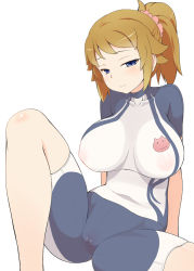 Rule 34 | 10s, 1girl, bad id, bad pixiv id, bakutendou, blue eyes, blush, bodysuit, breasts, brown hair, covered erect nipples, gundam, gundam build fighters, gundam build fighters try, hoshino fumina, large breasts, looking at viewer, ponytail, seductive smile, short hair, sitting, smile, solo, spread legs