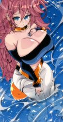 Rule 34 | 1girl, android 21, bandeau, bare shoulders, black nails, blue eyes, blush, breast hold, breasts, brown hair, cleavage, closed mouth, dragon ball, dragon ball (object), dragon ball fighterz, earrings, elbow gloves, female focus, gloves, gold bracelet, highres, huge breasts, jewelry, kinakomochi (user vedc2333), long hair, looking at viewer, navel, ocean, partially submerged, signature, sitting, sitting on object, smile, solo, very long hair, water, wet