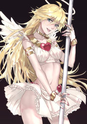Rule 34 | 1girl, :p, angel, angel wings, black background, blonde hair, blue eyes, breasts, clothes lift, cowboy shot, crop top, eyeshadow, feathered wings, frilled skirt, frills, hair between eyes, halo, heart, highres, holding, holding pole, jewelry, legs apart, long hair, looking at viewer, makeup, medium breasts, midriff, nail polish, navel, no panties, panty &amp; stocking with garterbelt, panty (psg), pink nails, pole, pole dancing, ring, simple background, skirt, skirt lift, sleeveless, solo, teeth, thighs, tongue, tongue out, upper teeth only, upskirt, very long hair, white skirt, white wings, wings, zakirsiz