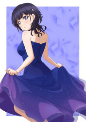 Rule 34 | 1girl, absurdres, alternate costume, asaka karin, ass, bare arms, bare shoulders, black hair, blue dress, blue eyes, blunt bangs, blush, bracelet, breasts, choppy bangs, cowboy shot, cross-laced clothes, cross-laced dress, dress, evening gown, from behind, from side, highres, jewelry, looking at viewer, looking back, love live!, love live! nijigasaki high school idol club, medium breasts, medium hair, neo (neosky24), parted lips, see-through dress layer, skirt hold, solo, strapless, strapless dress