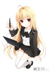 Rule 34 | 1girl, ahoge, arm support, black bow, black footwear, black jacket, black skirt, blonde hair, blush, bow, closed mouth, collared shirt, commentary request, dress shirt, hair between eyes, holding, holding stylus, jacket, loading (verjuice), loafers, long hair, long sleeves, looking at viewer, open clothes, open jacket, original, pleated skirt, red eyes, shirt, shoes, simple background, sitting, skirt, sleeves past wrists, smile, solo, stylus, tablet pc, thighhighs, transparent background, very long hair, white background, white shirt, white thighhighs