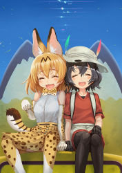 Rule 34 | 10s, 2girls, :3, :d, ^ ^, animal ears, backpack, bag, bare shoulders, black gloves, black hair, black legwear, blonde hair, blush, bow, bowtie, breasts, closed eyes, elbow gloves, gloves, hair between eyes, hat, holding hands, kaban (kemono friends), kemono friends, medium breasts, multiple girls, open mouth, pantyhose, paw pose, print bow, print bowtie, print gloves, print legwear, red shirt, serval (kemono friends), serval print, serval tail, shirt, short hair, shorts, sitting, sleeveless, smile, tail, tearing up, thighhighs, white hat, zhen lu, |d
