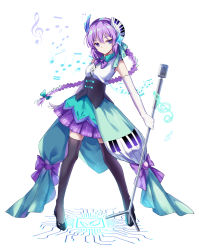 Rule 34 | 1girl, akinomiya asuka, beamed eighth notes, black corset, black footwear, black thighhighs, braid, breasts, closed mouth, commentary request, corset, elbow gloves, expressionless, full body, gloves, green ribbon, hair ornament, hair ribbon, hairband, high heels, holding, holding microphone stand, long hair, microphone stand, musical note, mystical power plant, piano keys, pleated skirt, purple eyes, purple hair, purple hairband, purple ribbon, purple skirt, ribbon, shirt, single braid, skirt, sleeveless, sleeveless shirt, small breasts, solo, staff (music), star (symbol), star hair ornament, thighhighs, toone riko, touhou, treble clef, white background, white gloves, white shirt