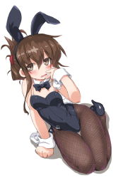 Rule 34 | 10s, 1girl, animal ears, arm support, blush, bow, bowtie, brown eyes, brown hair, dd (ijigendd), detached collar, fake animal ears, fishnet pantyhose, fishnets, folded ponytail, hair ornament, inazuma (kancolle), kantai collection, looking at viewer, open mouth, pantyhose, playboy bunny, rabbit ears, rabbit tail, seiza, short hair, sitting, solo, tail, wrist cuffs