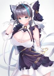 Rule 34 | 1girl, animal ears, apron, aqua eyes, arm up, azur lane, black hair, blush, breasts, cat ears, cheshire (azur lane), cleavage, closed mouth, detached sleeves, dress, frilled hairband, frilled headband, frilled ribbon, frills, gradient background, hairband, highres, huge breasts, large breasts, long ribbon, looking at viewer, maid, maid headdress, multicolored hair, nagi aoi, puffy detached sleeves, puffy sleeves, purple apron, ribbon, smile, solo, streaked hair, thighhighs, white thighhighs, wrist cuffs