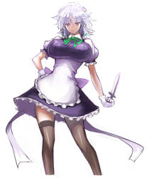 Rule 34 | 1girl, alternate breast size, apron, black dress, black thighhighs, bow, braid, breasts, cowboy shot, dress, frilled dress, frills, gloves, green bow, green ribbon, hair bow, hand on own hip, holding, holding knife, impossible clothes, izayoi sakuya, jony (avion mura), knife, large breasts, looking at viewer, maid, maid headdress, neck ribbon, puffy short sleeves, puffy sleeves, red eyes, ribbon, short sleeves, skirt, solo, thighhighs, touhou, twin braids, waist apron, weapon, white background, white gloves, white hair