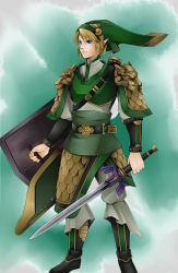 Rule 34 | 1boy, alternate costume, armor, blonde hair, blue eyes, hat, highres, holding, holding sword, holding weapon, link, male focus, master sword, nintendo, pointy ears, quiver, redesign, shield, solo, sword, the legend of zelda, weapon, yukichi (bancho99)