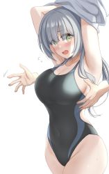 Rule 34 | 1girl, armpits, arms up, blunt bangs, breasts, cleavage, collarbone, commentary request, competition swimsuit, covered navel, disembodied limb, eyes visible through hair, green eyes, highres, kashiwagi saki, kibihimi, large breasts, long hair, one-piece swimsuit, ongeki, open mouth, silver hair, simple background, solo focus, swimsuit, thighs, undressing, white background