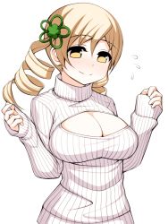 Rule 34 | 10s, 1girl, blonde hair, blush, breasts, cleavage, cleavage cutout, clothing cutout, drill hair, large breasts, looking at viewer, mahou shoujo madoka magica, mahou shoujo madoka magica (anime), meme attire, open-chest sweater, ribbed sweater, simple background, smile, solo, sweater, tomoe mami, torigoe takumi, turtleneck, twin drills, twintails, white background, yellow eyes