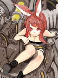 Rule 34 | 1girl, animal ears, bad drawr id, bad id, boots, breasts, cleavage, downblouse, face, long hair, machinery, ocaca (chocolate-hopper), original, rabbit ears, red eyes, red hair, solo