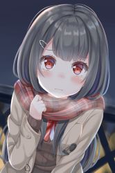 Rule 34 | 1girl, blush, bow, breath, brown cardigan, brown coat, cardigan, closed mouth, coat, commentary request, dutch angle, enpera, fence, grey hair, hair ornament, hairclip, hand up, has bad revision, has downscaled revision, highres, keiran (ryo170), looking at viewer, md5 mismatch, night, night sky, open clothes, open coat, original, outdoors, plaid, plaid scarf, red bow, red eyes, red scarf, resolution mismatch, scarf, shirt, sky, solo, source smaller, striped, striped bow, wavy mouth, white shirt