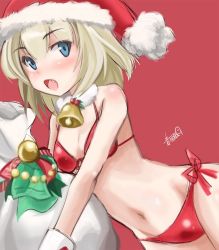 Rule 34 | 10s, 1girl, artist name, bad id, bad twitter id, bag, bell, bikini, blonde hair, blue eyes, blush, bow, breasts, christmas, collar, dutch angle, fang, front-tie top, girls und panzer, haruhata mutsuki, hat, jingle bell, katyusha (girls und panzer), looking at viewer, neck bell, open mouth, oversized object, red background, red bikini, santa costume, santa hat, short hair, side-tie bikini bottom, signature, simple background, sketch, small breasts, solo, standing, swimsuit
