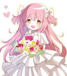 Rule 34 | 1girl, :d, absurdres, bad id, bad twitter id, bouquet, bow, bowtie, capelet, chest cutout, clothing cutout, dot nose, dress, flower, gerbera, hair bow, happy, heart, highres, holding, holding bouquet, kaname madoka, layered dress, leaf, light blush, long dress, long hair, looking at viewer, lower teeth only, mahou shoujo madoka magica, mahou shoujo madoka magica (anime), nico (ekaki), open mouth, outline, pink hair, red flower, red rose, rose, simple background, smile, solo, tareme, teeth, two side up, ultimate madoka, very long hair, white background, white bow, white bowtie, white capelet, white dress, white flower, white rose, yellow eyes, yellow flower, yellow outline, yellow rose