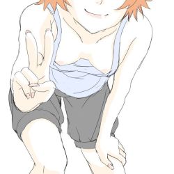 Rule 34 | 1girl, bad id, bad pixiv id, breasts, collarbone, downblouse, hanging breasts, head out of frame, lips, nipple slip, nipples, orange hair, original, rutarou, shorts, sketch, smile, solo, tank top, v