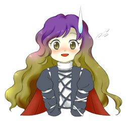Rule 34 | 1girl, :d, cape, flying sweatdrops, gradient hair, hijiri byakuren, light brown hair, long hair, looking at viewer, multicolored hair, nonamejd, official style, open mouth, purple hair, red cape, simple background, smile, solo, sweatdrop, touhou, turtleneck, two-tone hair, upper body, white background, yellow eyes, zun (style)
