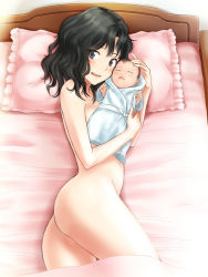 Rule 34 | 1girl, amagami, ass, baby, bed, black eyes, black hair, blush, censored, closed eyes, hand on head, long hair, looking at viewer, lying, messy hair, myu-po, nude, on side, open mouth, pillow, pussy, tanamachi kaoru
