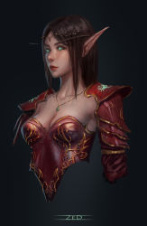 Rule 34 | 1girl, armor, black background, blood elf (warcraft), boobplate, breastplate, breasts, brown hair, cleavage, commentary, cropped torso, dress, elf, glowing, glowing eyes, green eyes, headband, highres, jewelry, necklace, pointy ears, red dress, shoulder pads, simple background, solo, tagme, upper body, warcraft, world of warcraft, zed (trungbui42)
