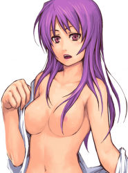 Rule 34 | 1girl, breasts, censored, convenient censoring, female focus, hair censor, hair over breasts, large breasts, long hair, navel, nipples, open mouth, original, purple eyes, purple hair, simple background, solo, topless, topless frame, undressing, upper body, white background, yuuji (and)