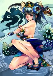 Rule 34 | 1girl, bad id, bad pixiv id, blue hair, breasts, clog sandals, f.s., feet, fish, hair ornament, headdress, large breasts, legs, nail polish, on one knee, platform clogs, platform footwear, purple nails, sandals, sideboob, silhouette, solo, thighs, toes, weapon